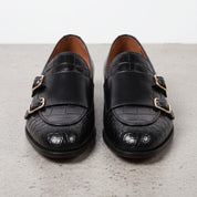 Men's Black Alligator-Embossed Leather Double Monk Strap Shoes — Austin — Austin