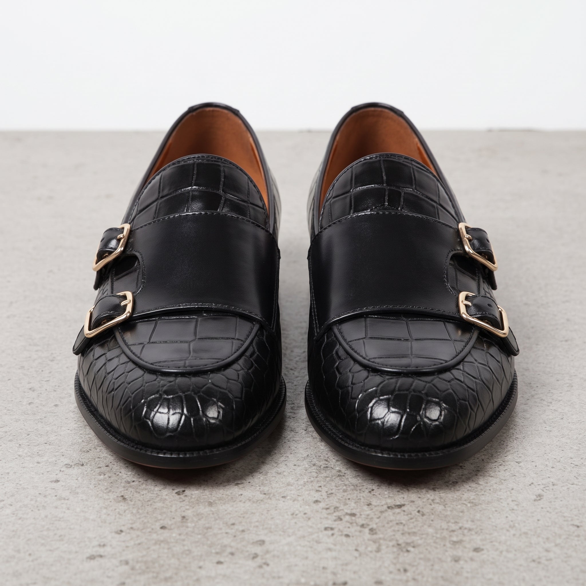 Men's Black Alligator-Embossed Leather Double Monk Strap Shoes — Austin — Austin