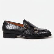 Men's Black Alligator-Embossed Leather Double Monk Strap Shoes — Austin — Austin