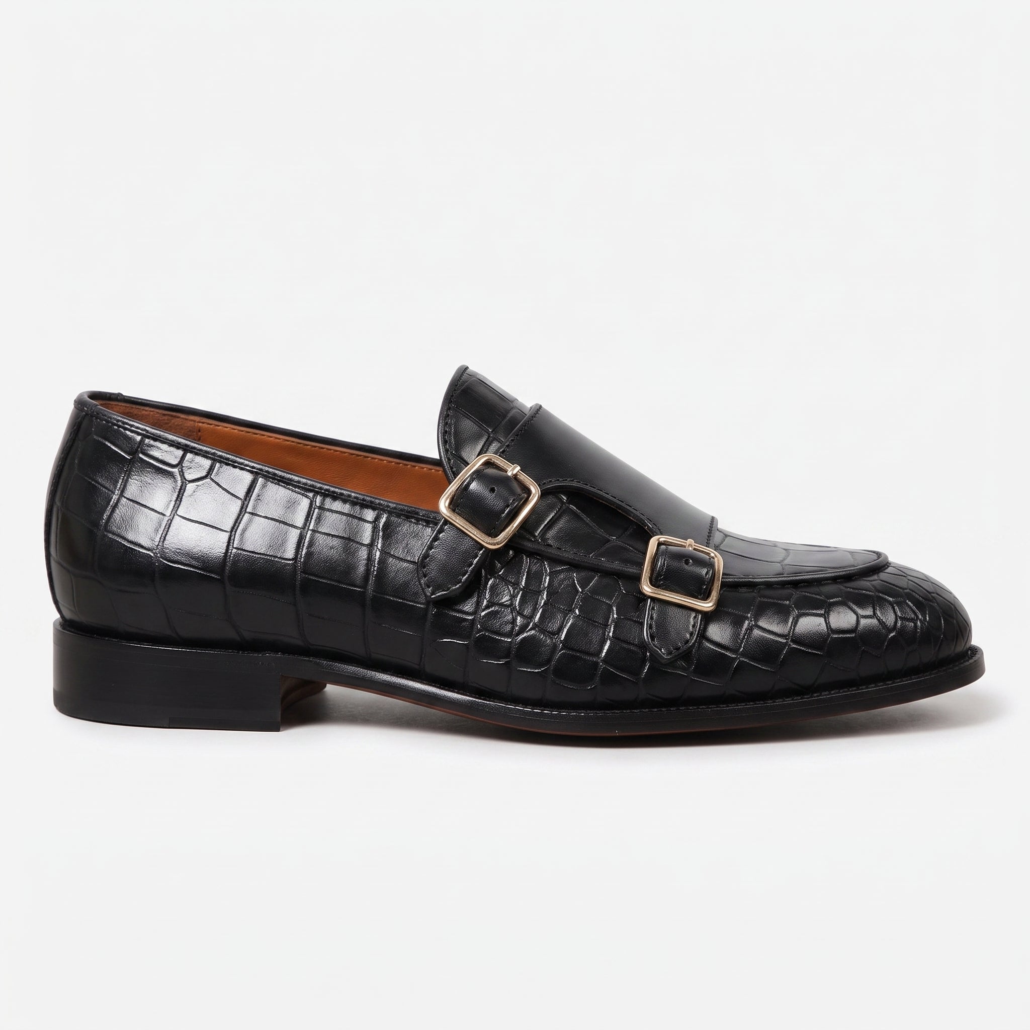 Men's Black Alligator-Embossed Leather Double Monk Strap Shoes — Austin — Austin