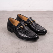 Men's Black Alligator-Embossed Leather Kiltie Bit Loafers — Aysgarth