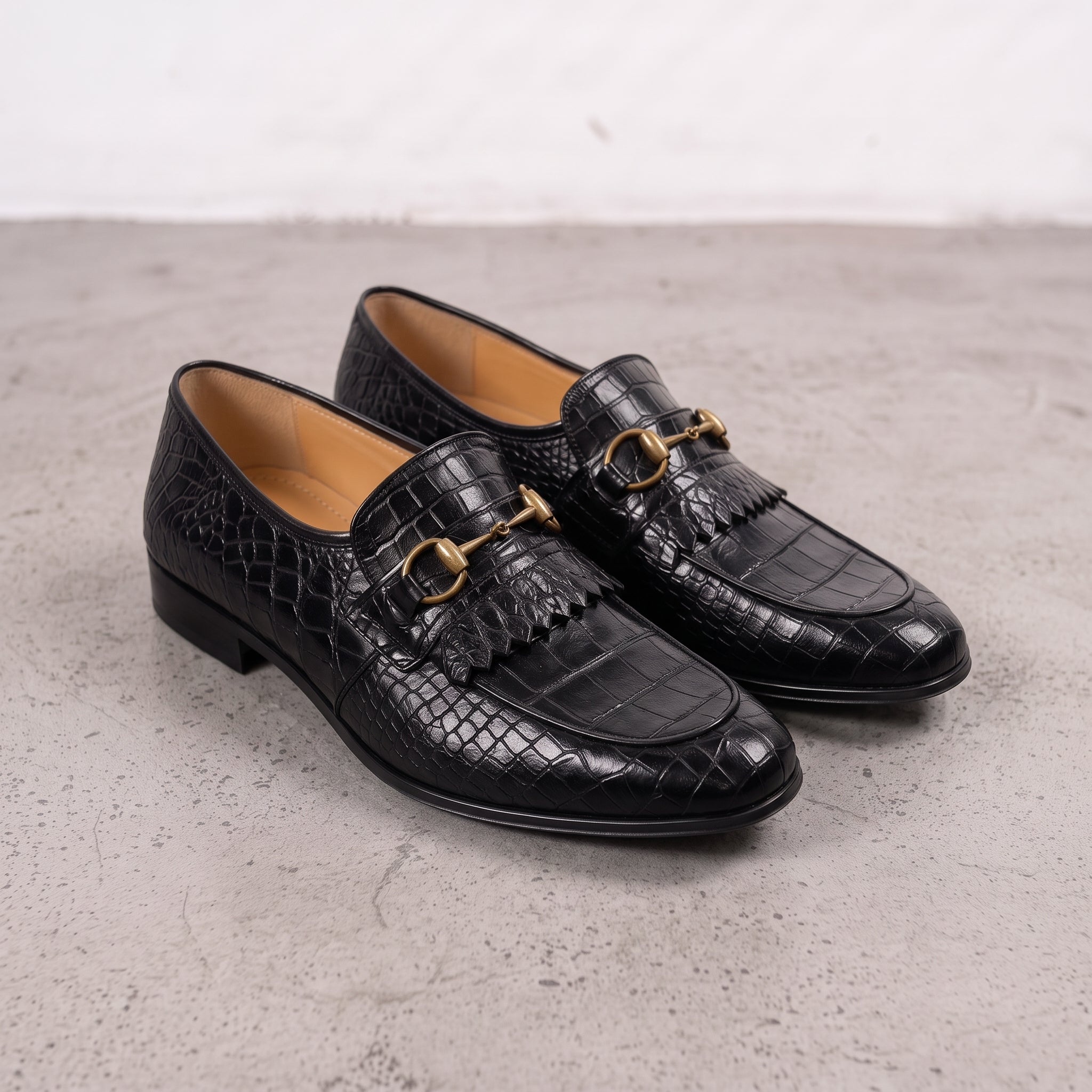 Men's Black Alligator-Embossed Leather Kiltie Bit Loafers — Aysgarth
