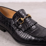 Men's Black Alligator-Embossed Leather Kiltie Bit Loafers — Aysgarth