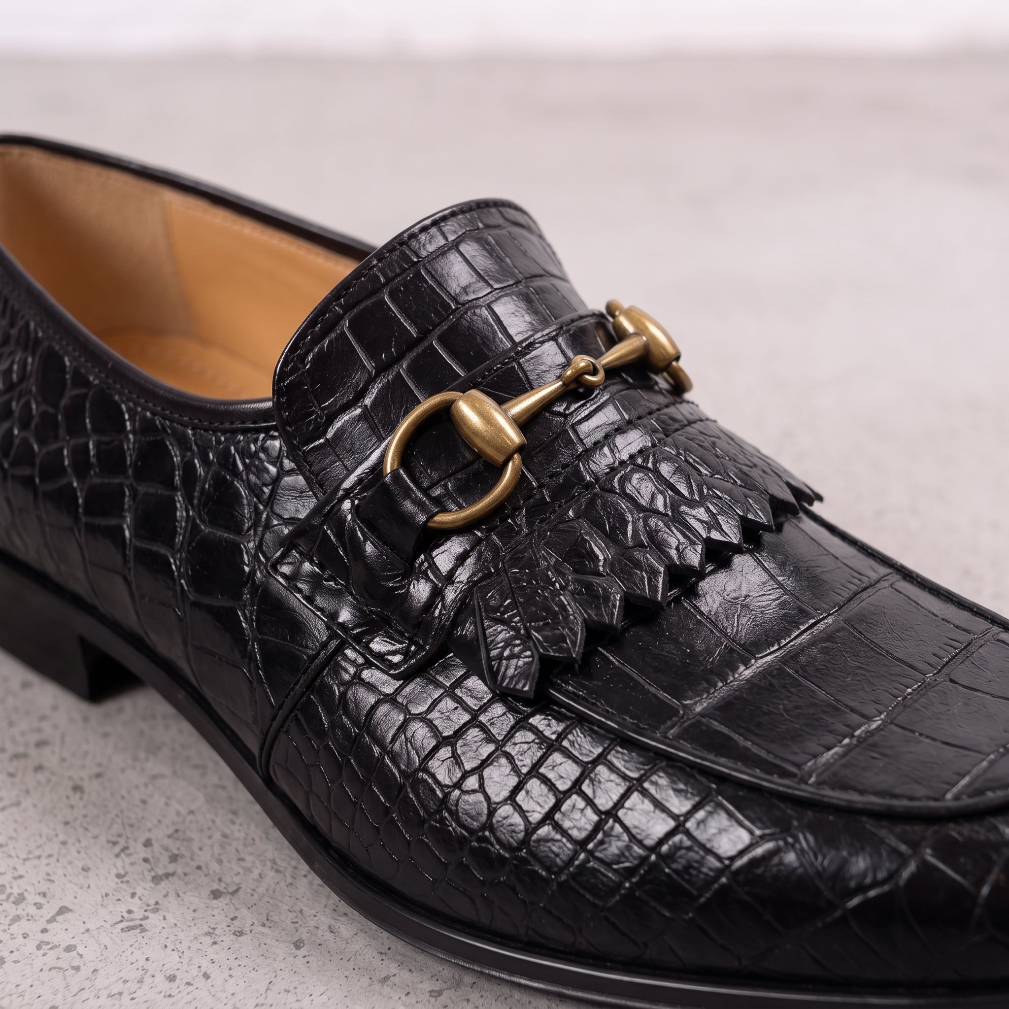 Men's Black Alligator-Embossed Leather Kiltie Bit Loafers — Aysgarth