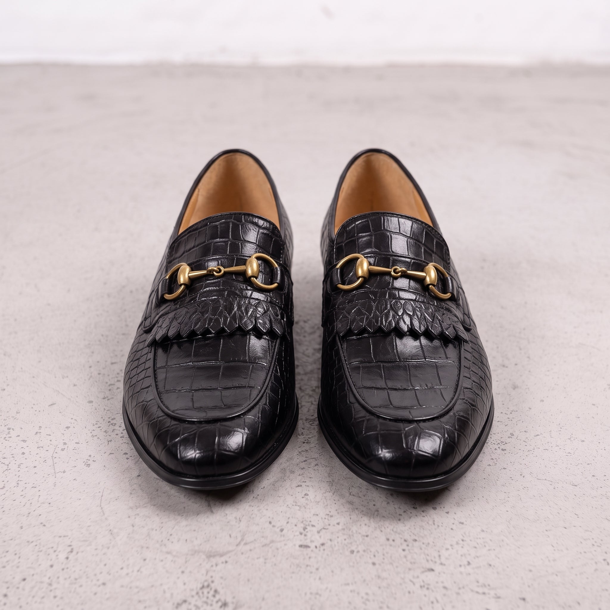 Men's Black Alligator-Embossed Leather Kiltie Bit Loafers — Aysgarth