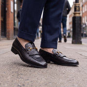 Men's Black Alligator-Embossed Leather Kiltie Bit Loafers — Aysgarth