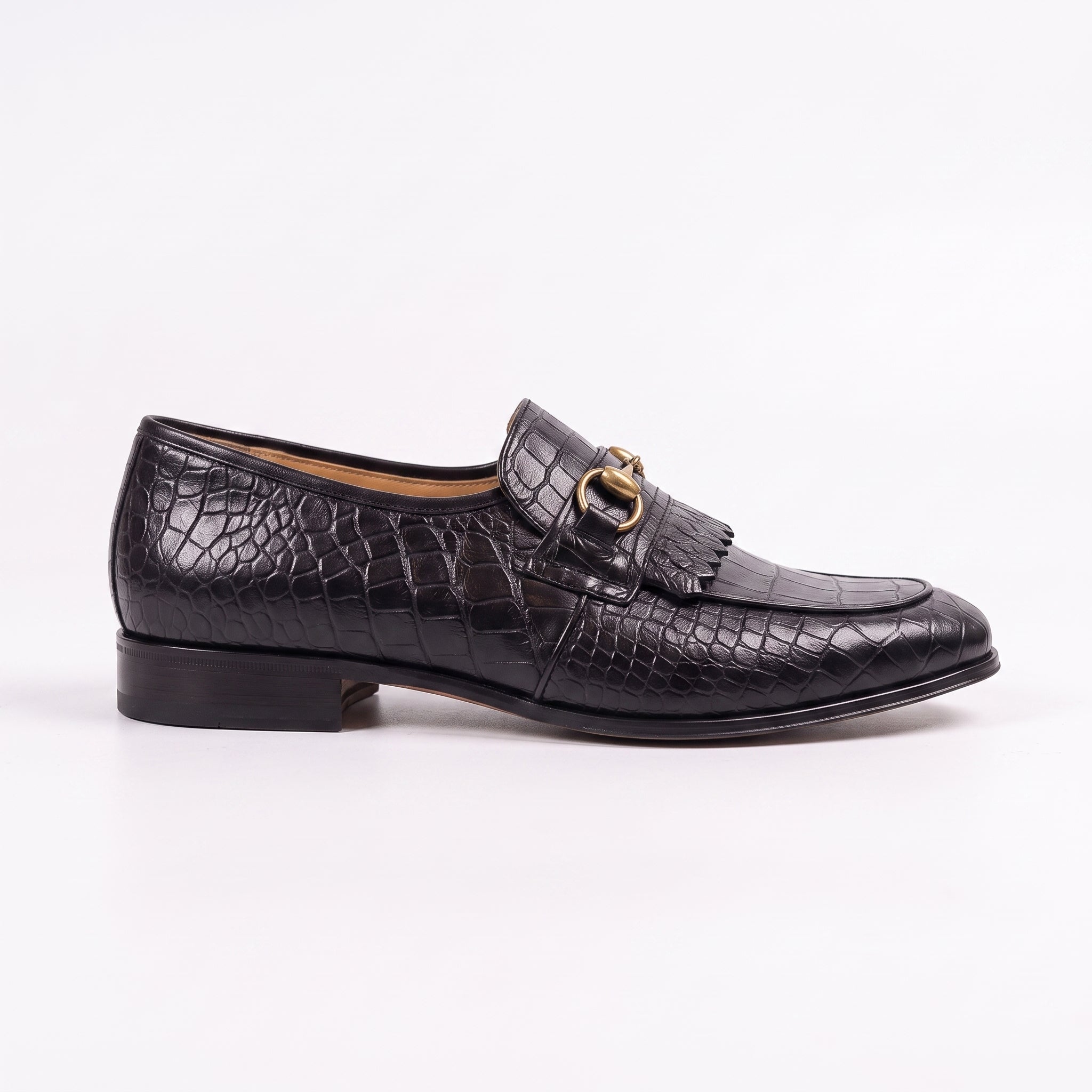 Men's Black Alligator-Embossed Leather Kiltie Bit Loafers — Aysgarth