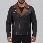 Men's Black and Brown Leather Double Rider Biker Jacket — Abbercombe