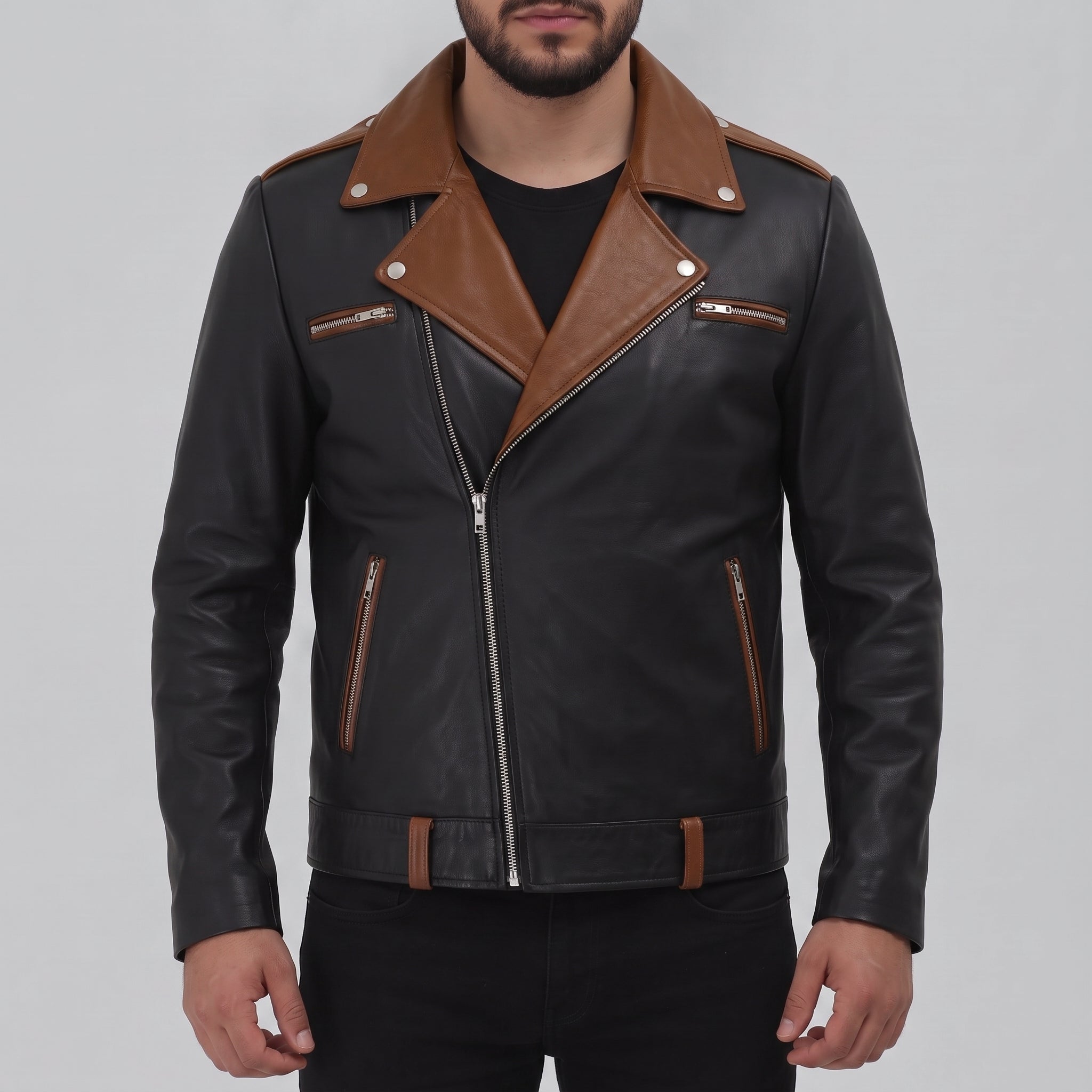 Men's Black and Brown Leather Double Rider Biker Jacket — Abbercombe