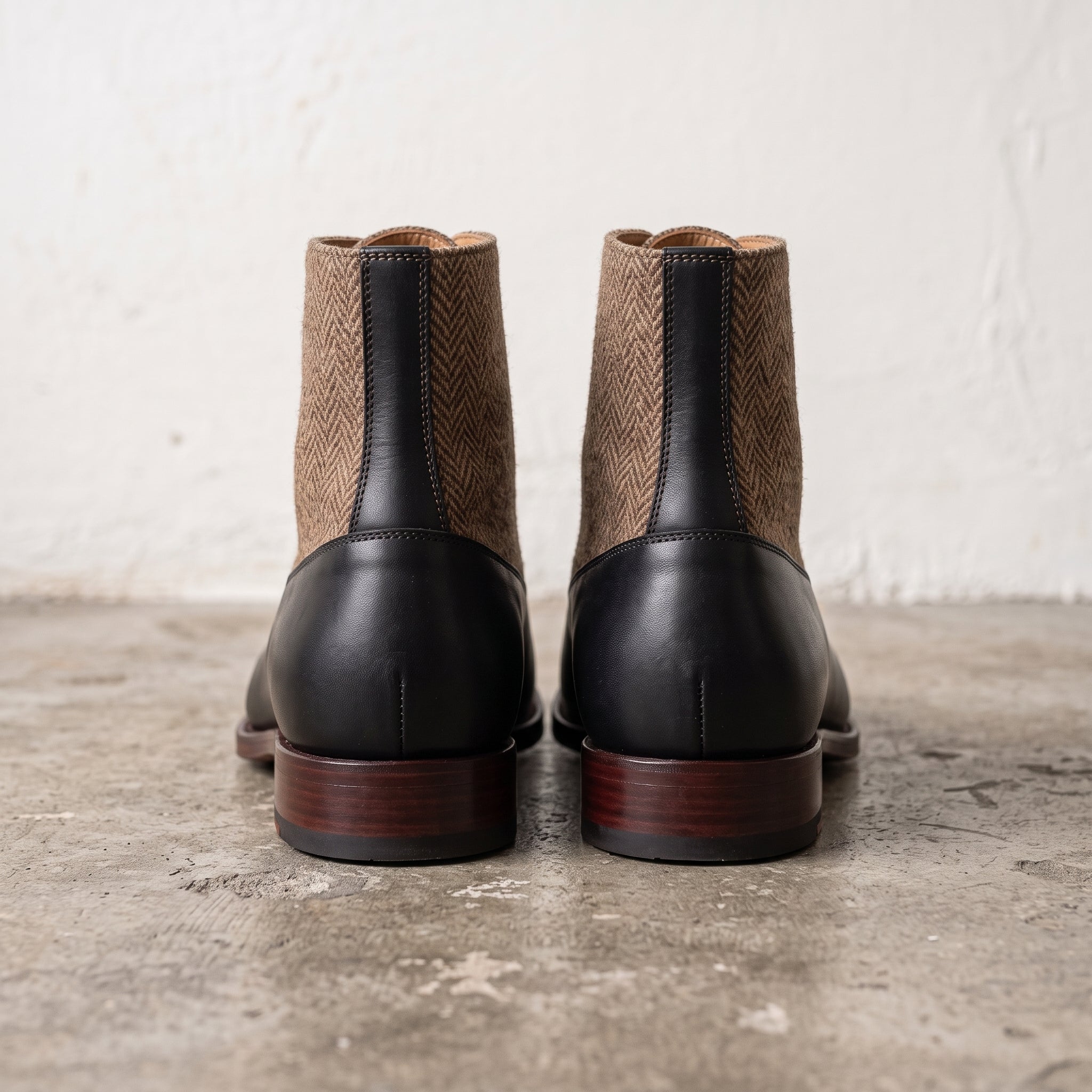 Men's Black and Tan Herringbone-Embossed Leather Plain-Toe Oxford Boots — Hopwell