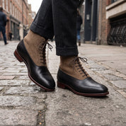 Men's Black and Tan Herringbone-Embossed Leather Plain-Toe Oxford Boots — Hopwell