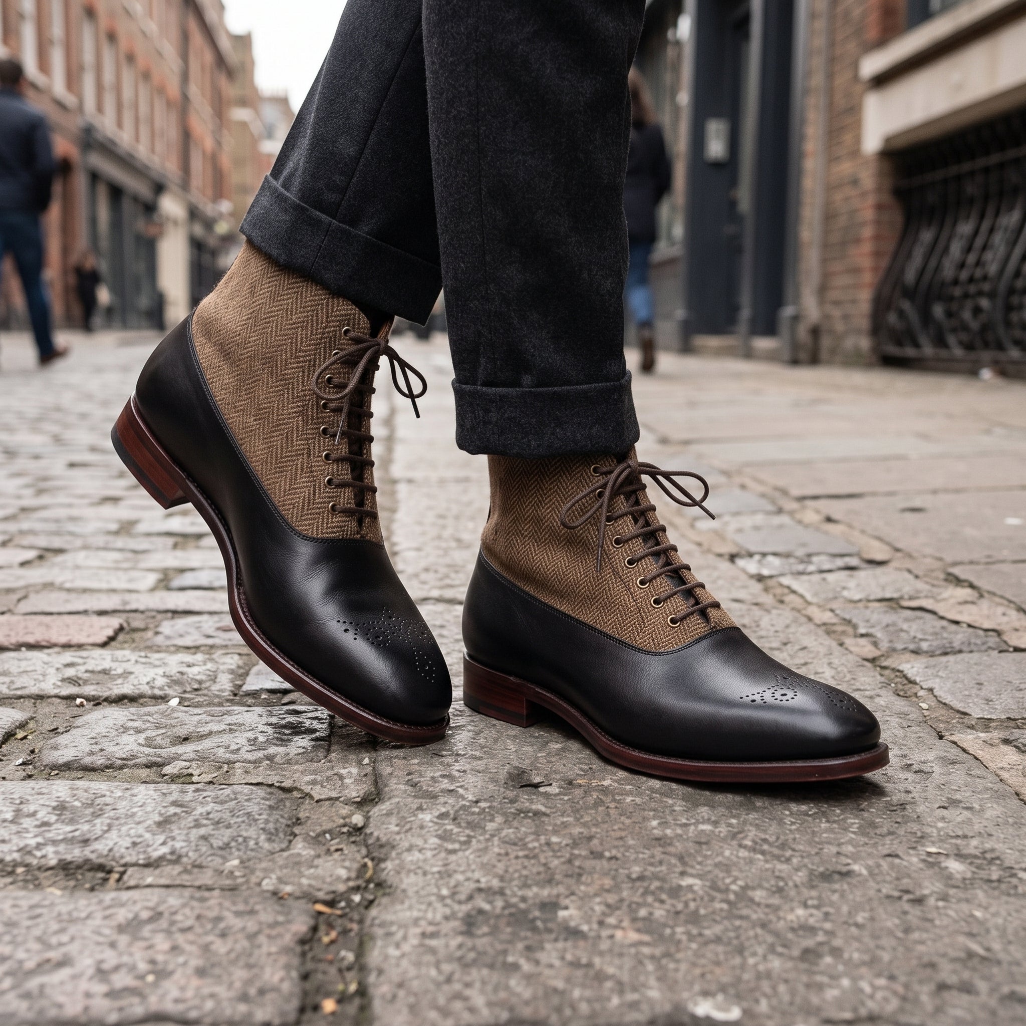 Men's Black and Tan Herringbone-Embossed Leather Plain-Toe Oxford Boots — Hopwell