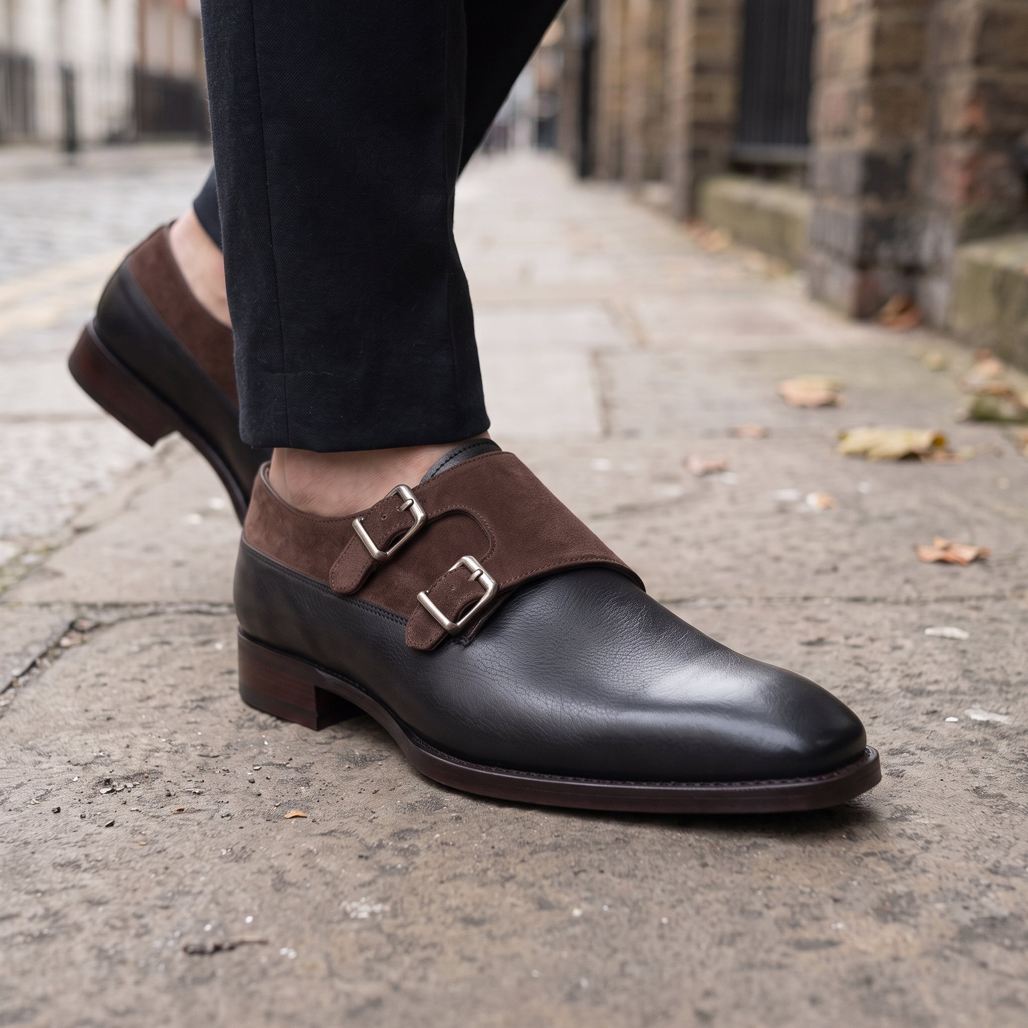 Men's Black and Brown Leather Double Monk Strap Shoes — Farrant