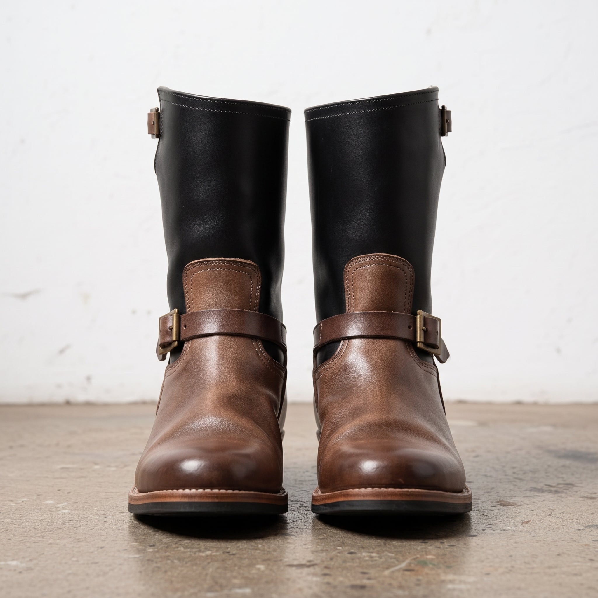 Men's Black and Brown Plain-Toe Leather Engineer Boots — Bembridge