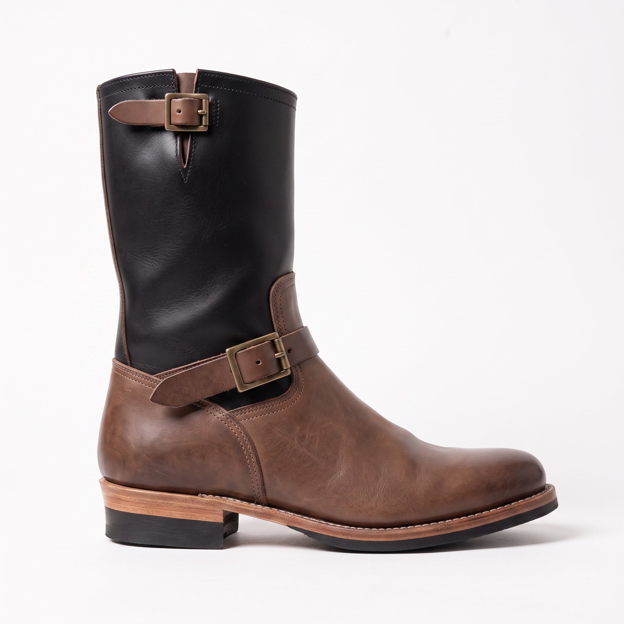 Men's Black and Brown Plain-Toe Leather Engineer Boots — Bembridge
