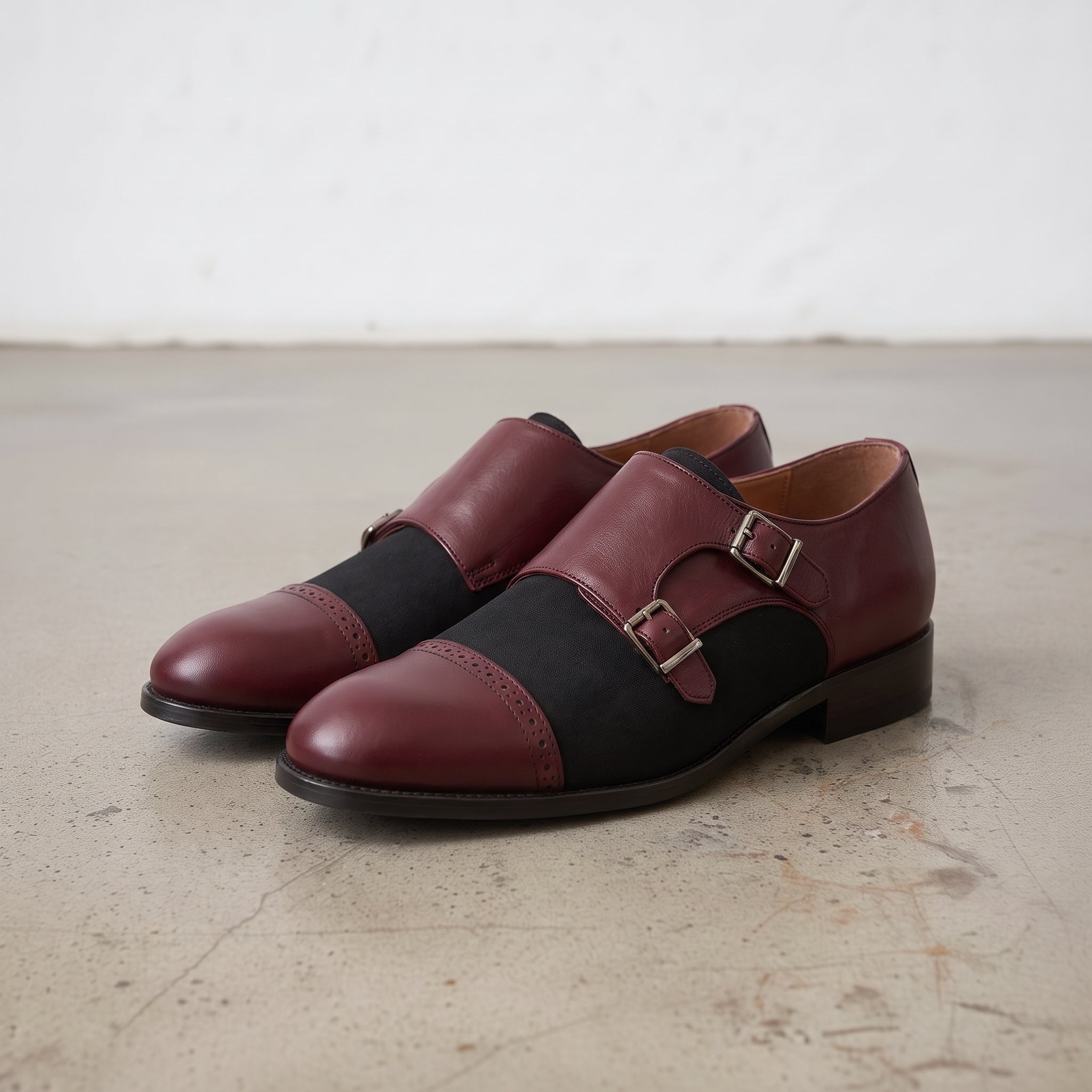 Men's Black and Burgundy Cap-Toe Leather Double Monk Strap Shoes — Uxbridge