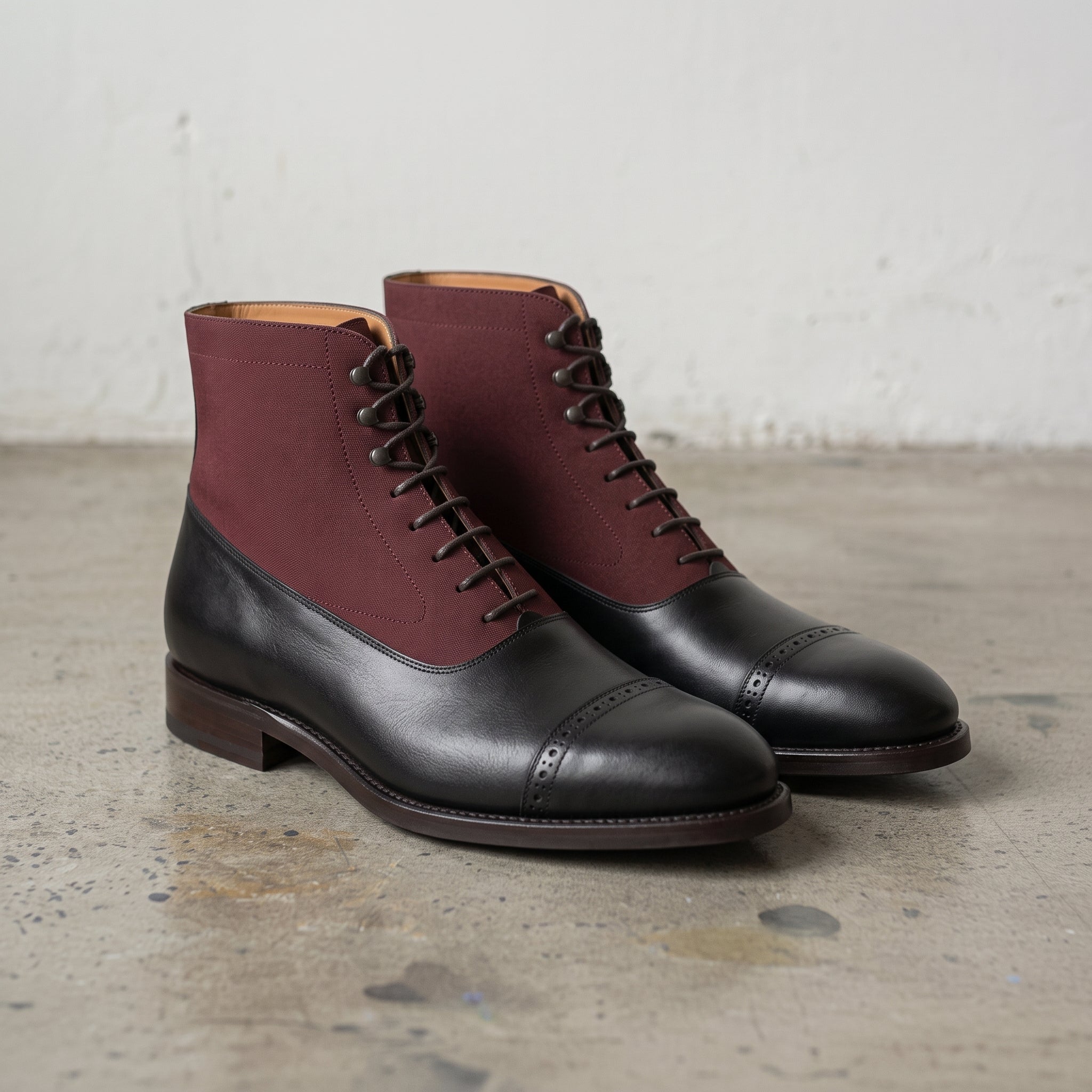 Men's Black and Burgundy Cap-Toe Leather Oxford Boots — Adlard