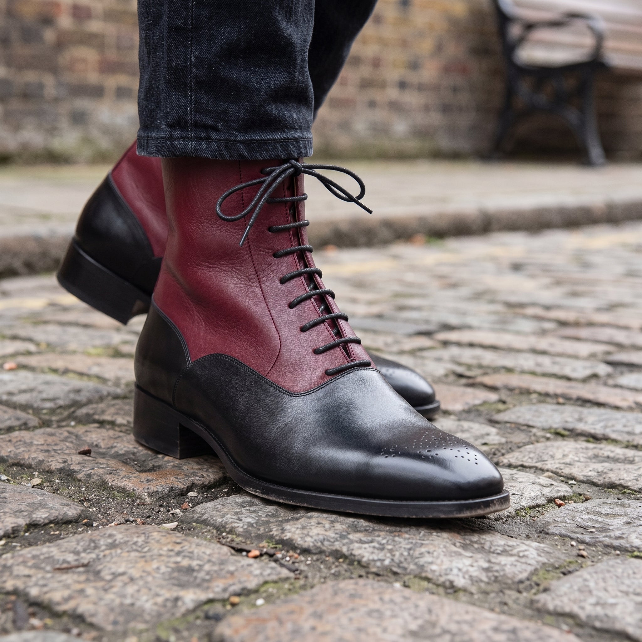 Men's Black and Burgundy Two-Tone Leather Balmoral Boots — Stockport