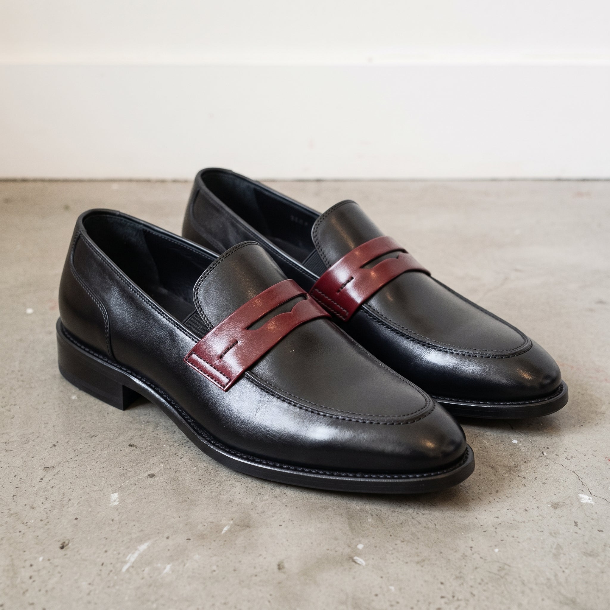 Men's Black and Burgundy Two-Tone Leather Penny Loafers — Dunsworth