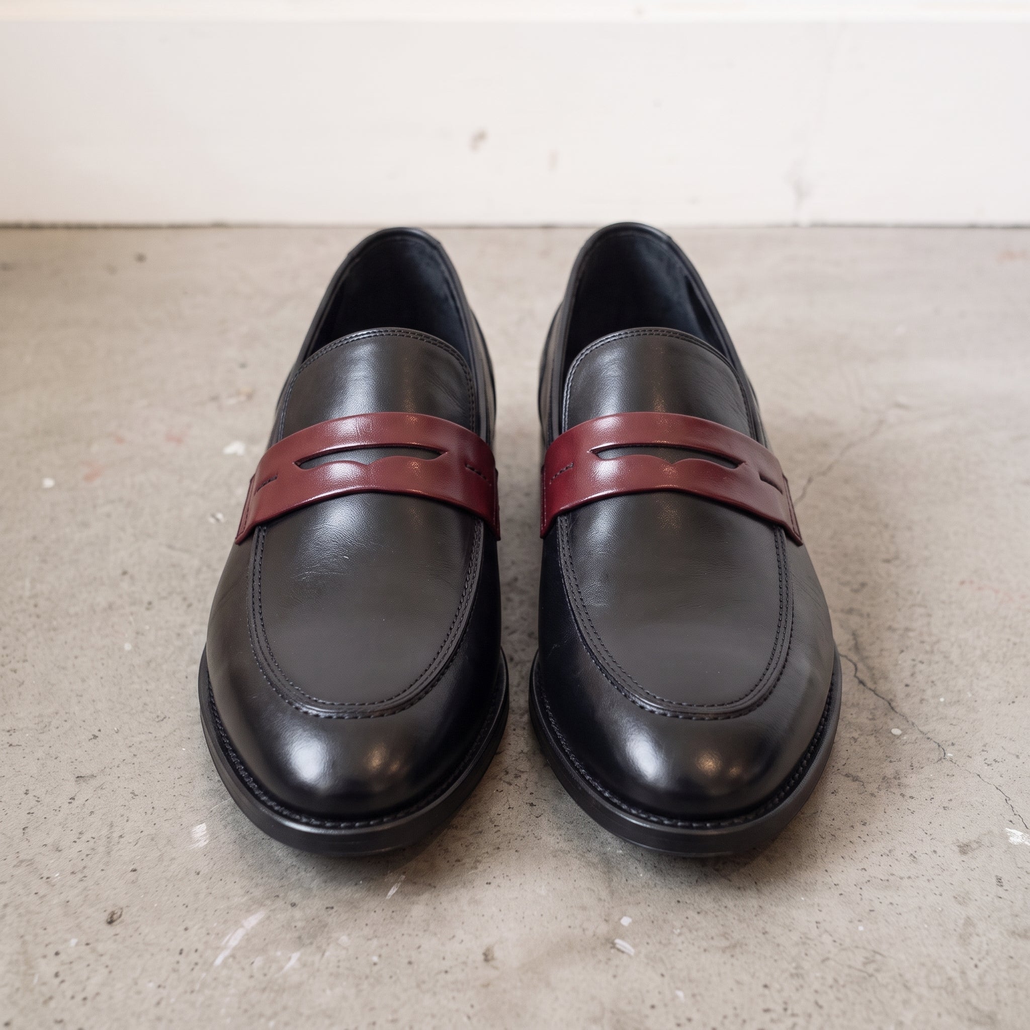 Men's Black and Burgundy Two-Tone Leather Penny Loafers — Dunsworth