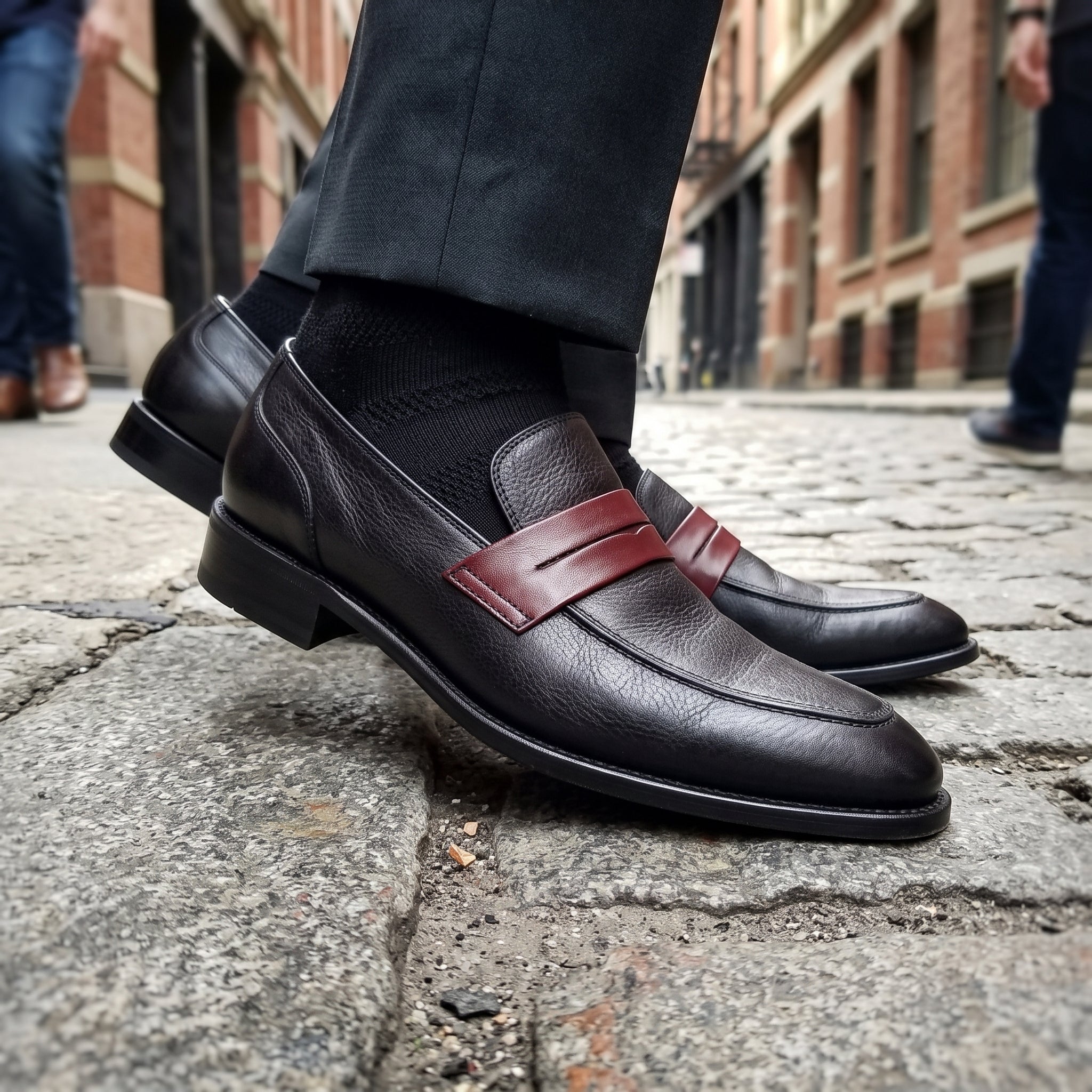 Men's Black and Burgundy Two-Tone Leather Penny Loafers — Dunsworth