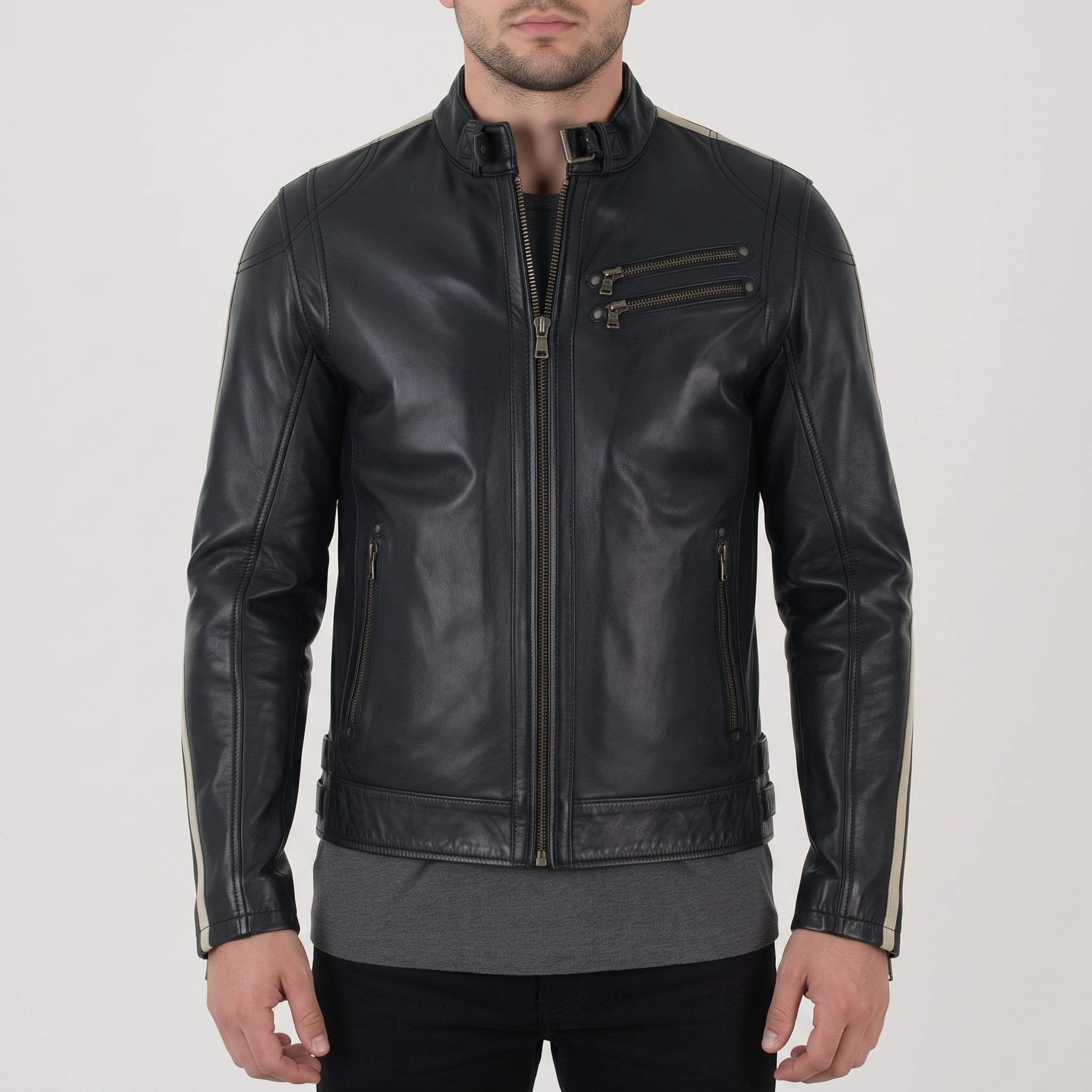 Men's Black and Cream Leather Biker Jacket — Blakemore