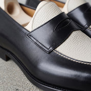 Men's Black and Cream Two-Tone Pebbled Leather Penny Loafers — Galloway