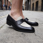Men's Black and Cream Two-Tone Pebbled Leather Penny Loafers — Galloway