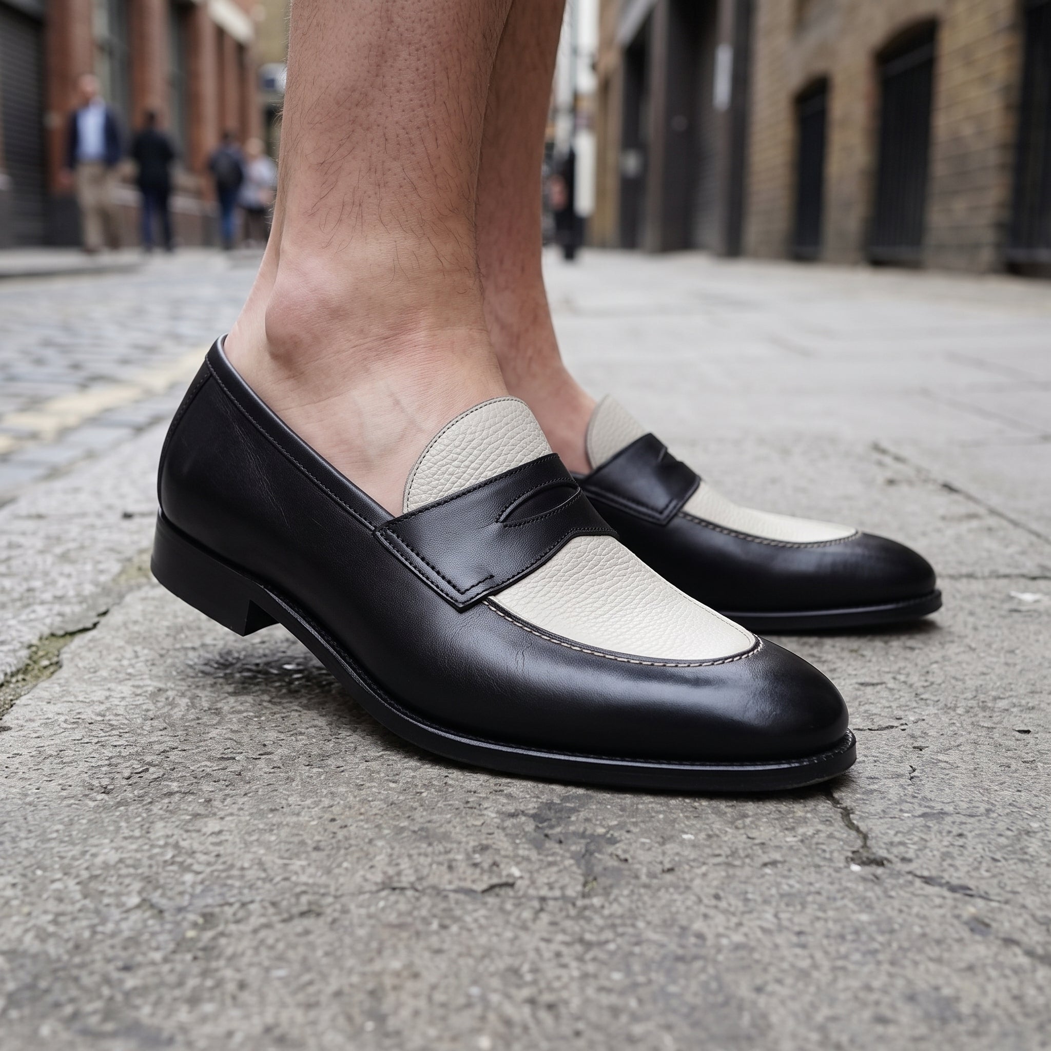 Men's Black and Cream Two-Tone Pebbled Leather Penny Loafers — Galloway