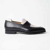 Men's Black and Cream Two-Tone Pebbled Leather Penny Loafers — Galloway