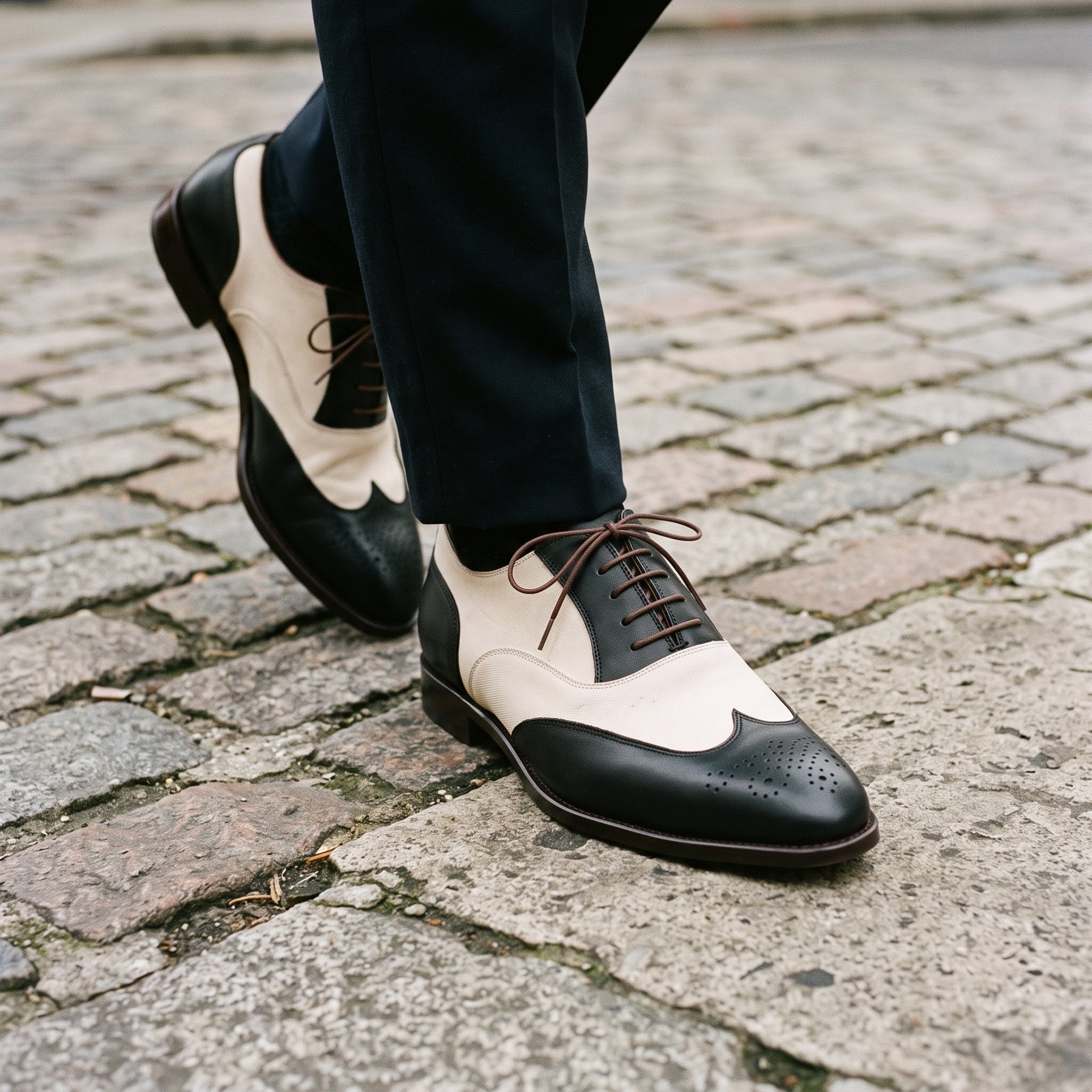 Men's Black and Cream Wingtip Leather Spectator Oxfords — Guildford