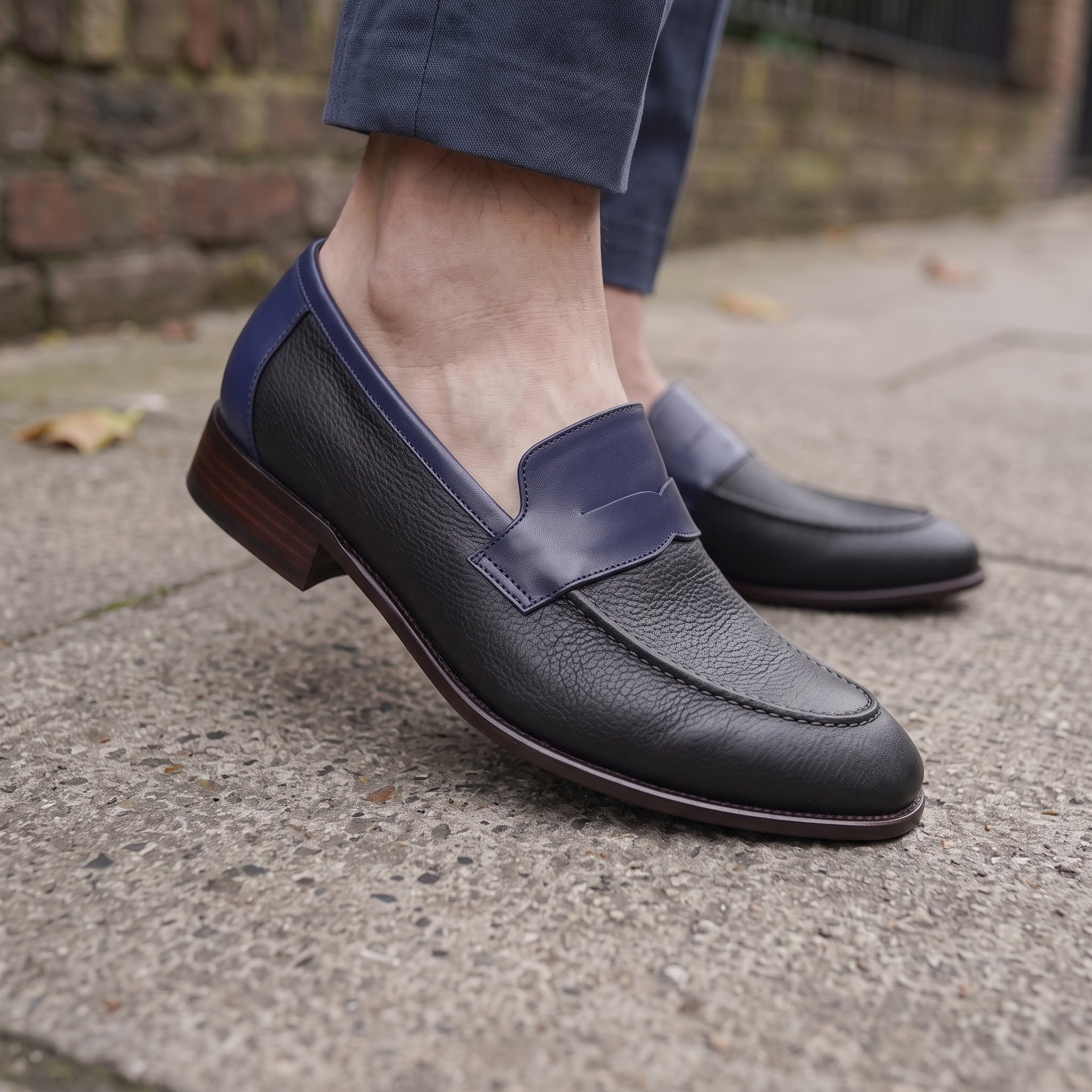 Men's Black and Dark Blue Apron-Toe Leather Penny Loafers — Stapleton