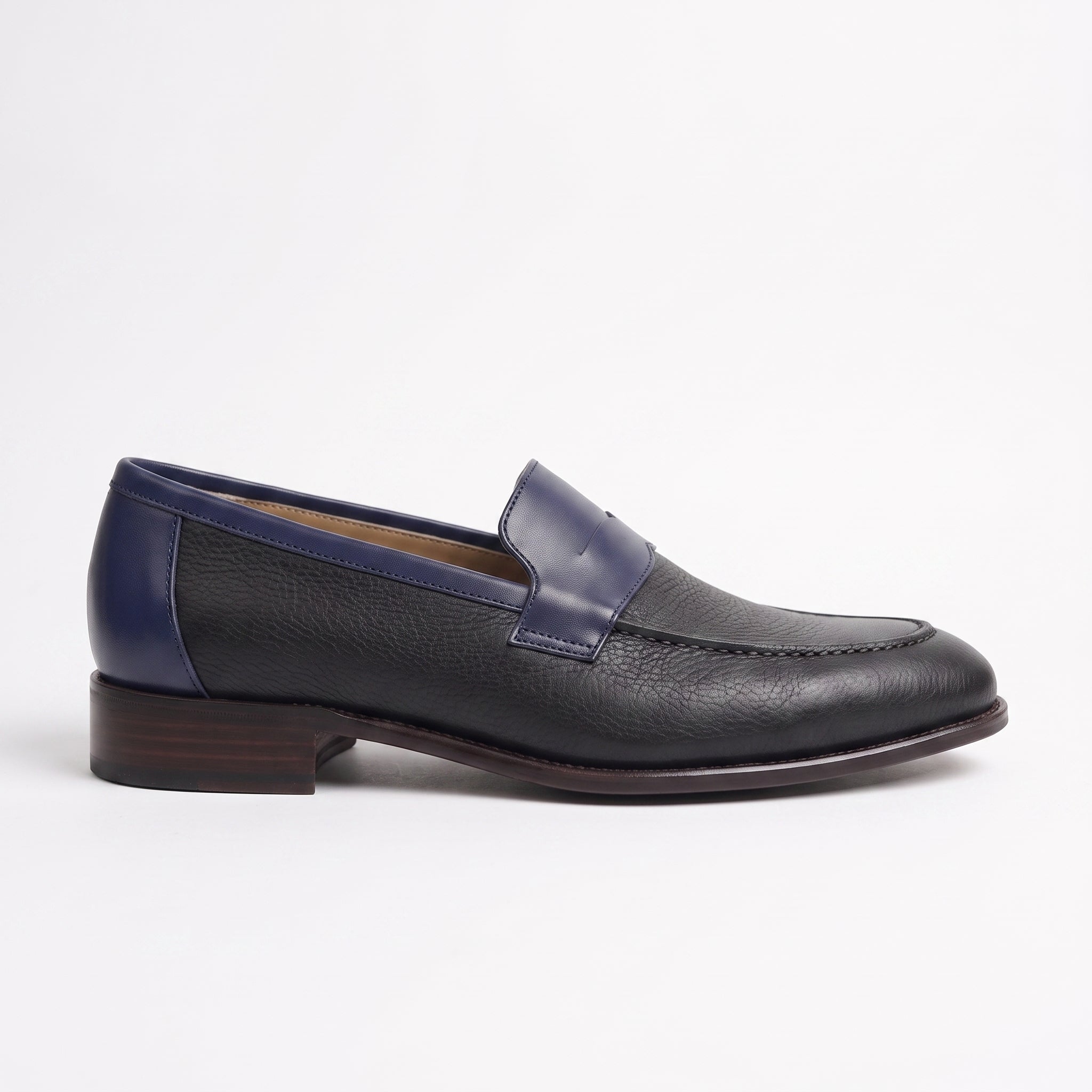 Men's Black and Dark Blue Apron-Toe Leather Penny Loafers — Stapleton