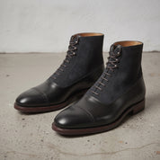 Men's Black and Dark Blue Cap-Toe Leather and Suede Balmoral Boots — Smedley