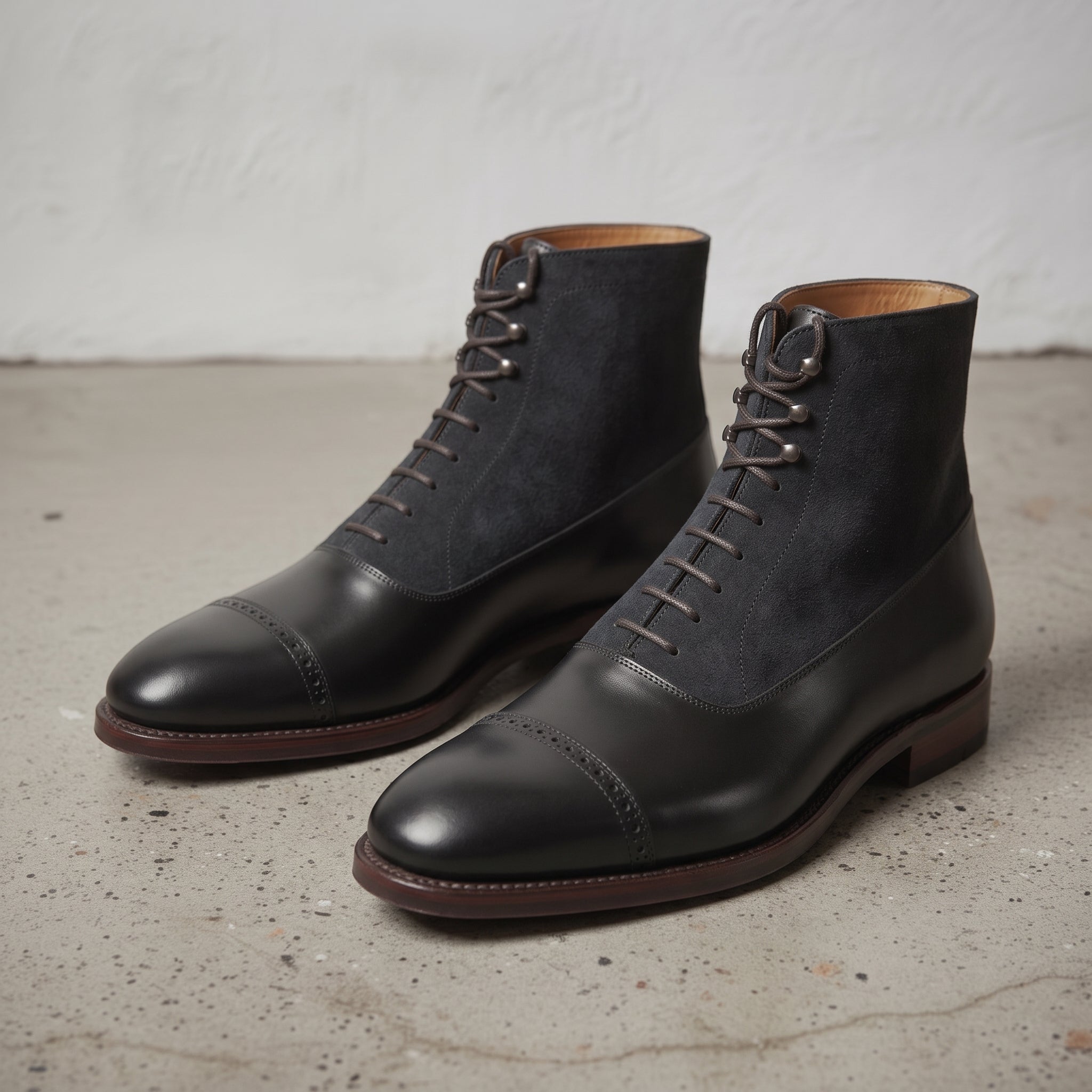 Men's Black and Dark Blue Cap-Toe Leather and Suede Balmoral Boots — Smedley