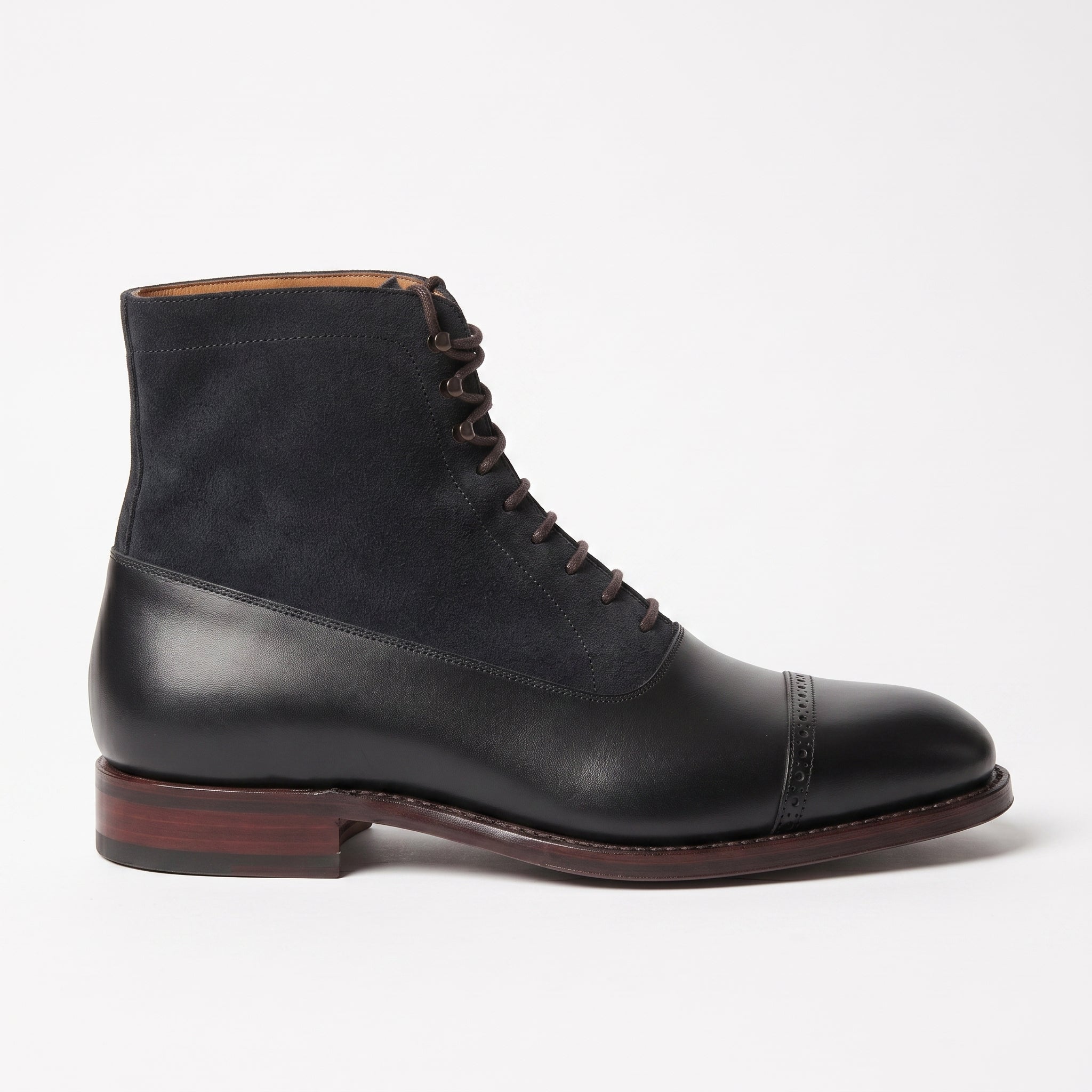 Men's Black and Dark Blue Cap-Toe Leather and Suede Balmoral Boots — Smedley