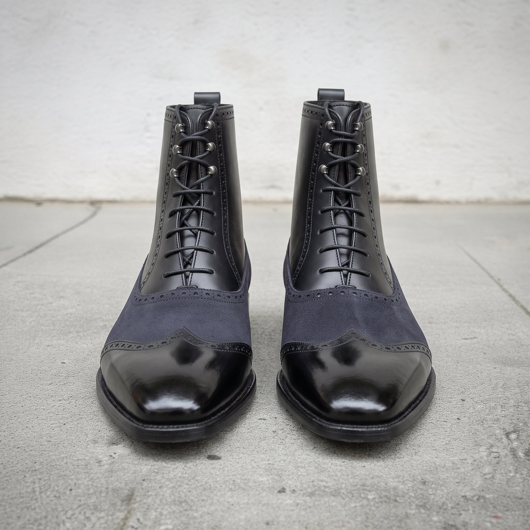Men's Black and Dark Blue Wingtip Leather Ankle Boots — Streatham