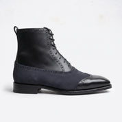 Men's Black and Dark Blue Wingtip Leather Ankle Boots — Streatham