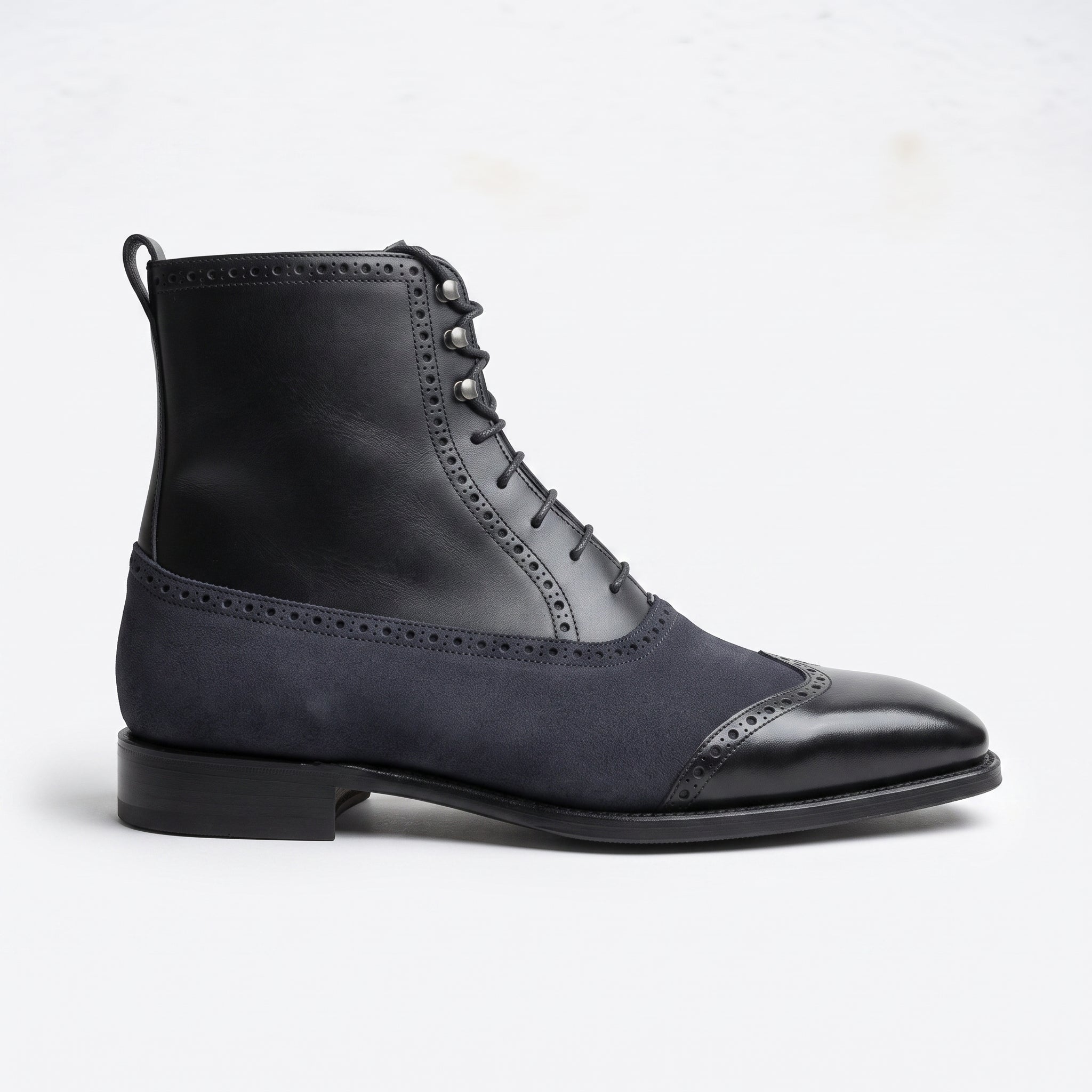Men's Black and Dark Blue Wingtip Leather Ankle Boots — Streatham
