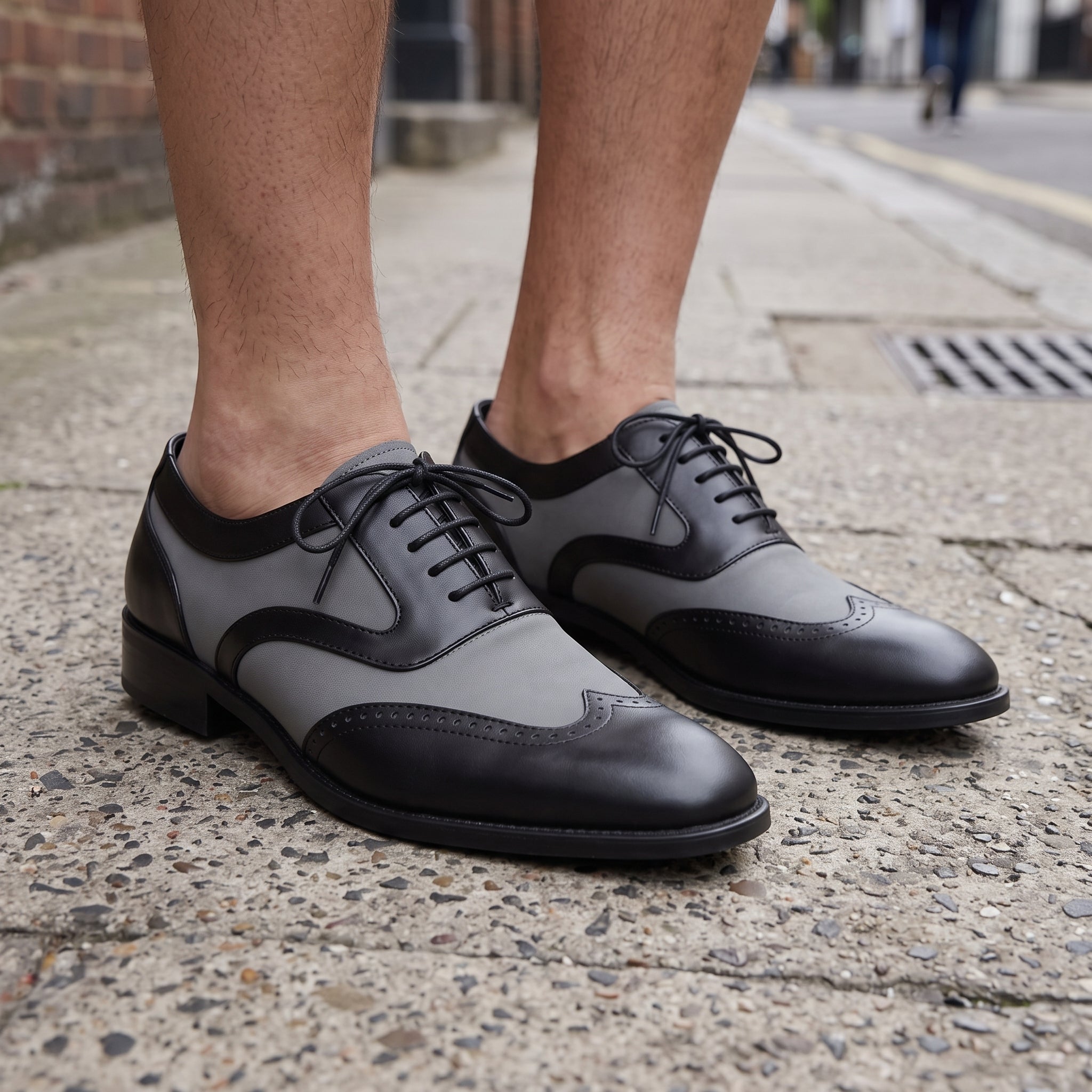 Men's Black and Gray Wingtip Leather Oxfords — Gregory