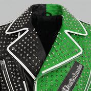 Men's Black and Green Studded Leather Perfecto Biker Jacket — Somerton
