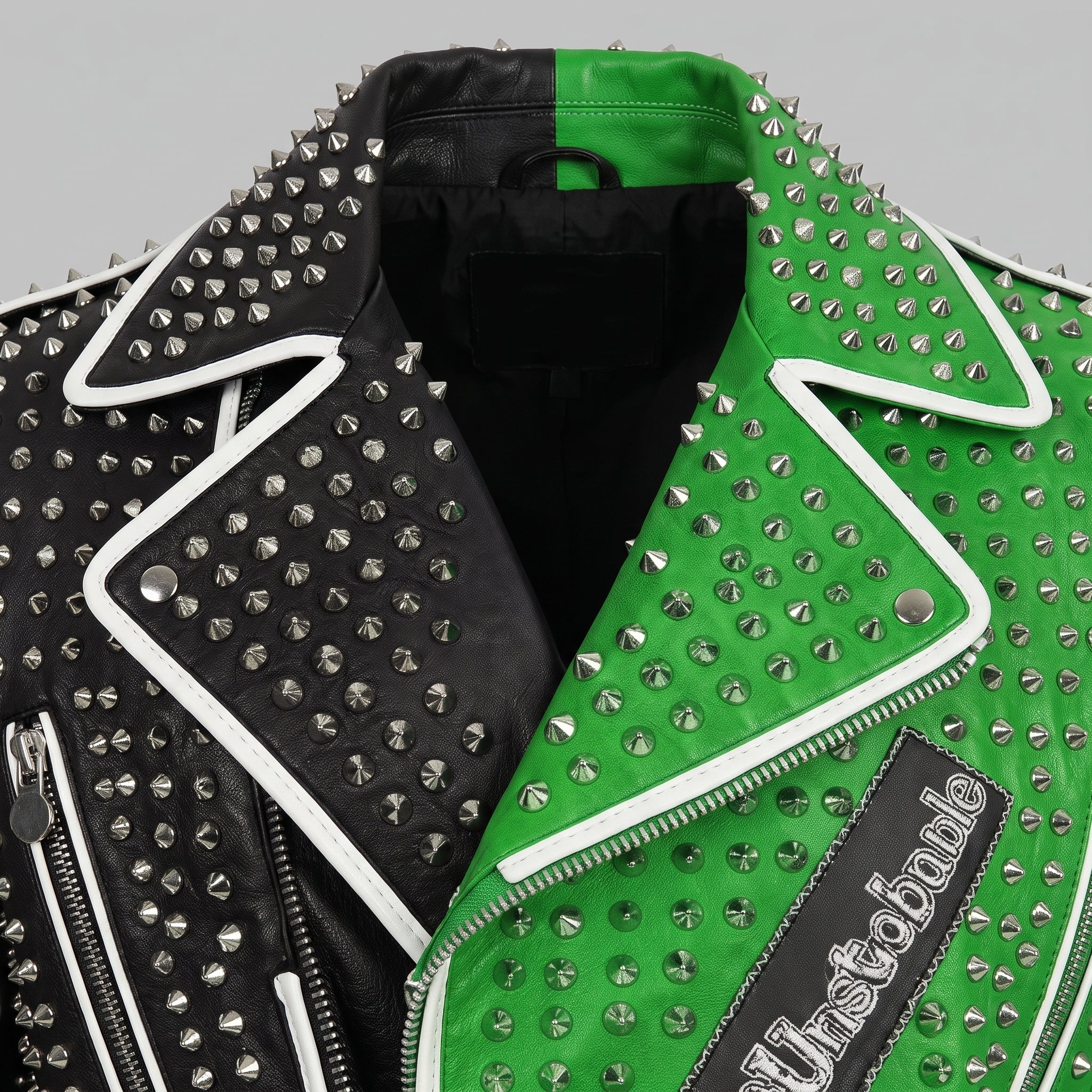 Men's Black and Green Studded Leather Perfecto Biker Jacket — Somerton