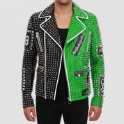 Men's Black and Green Studded Leather Perfecto Biker Jacket — Somerton