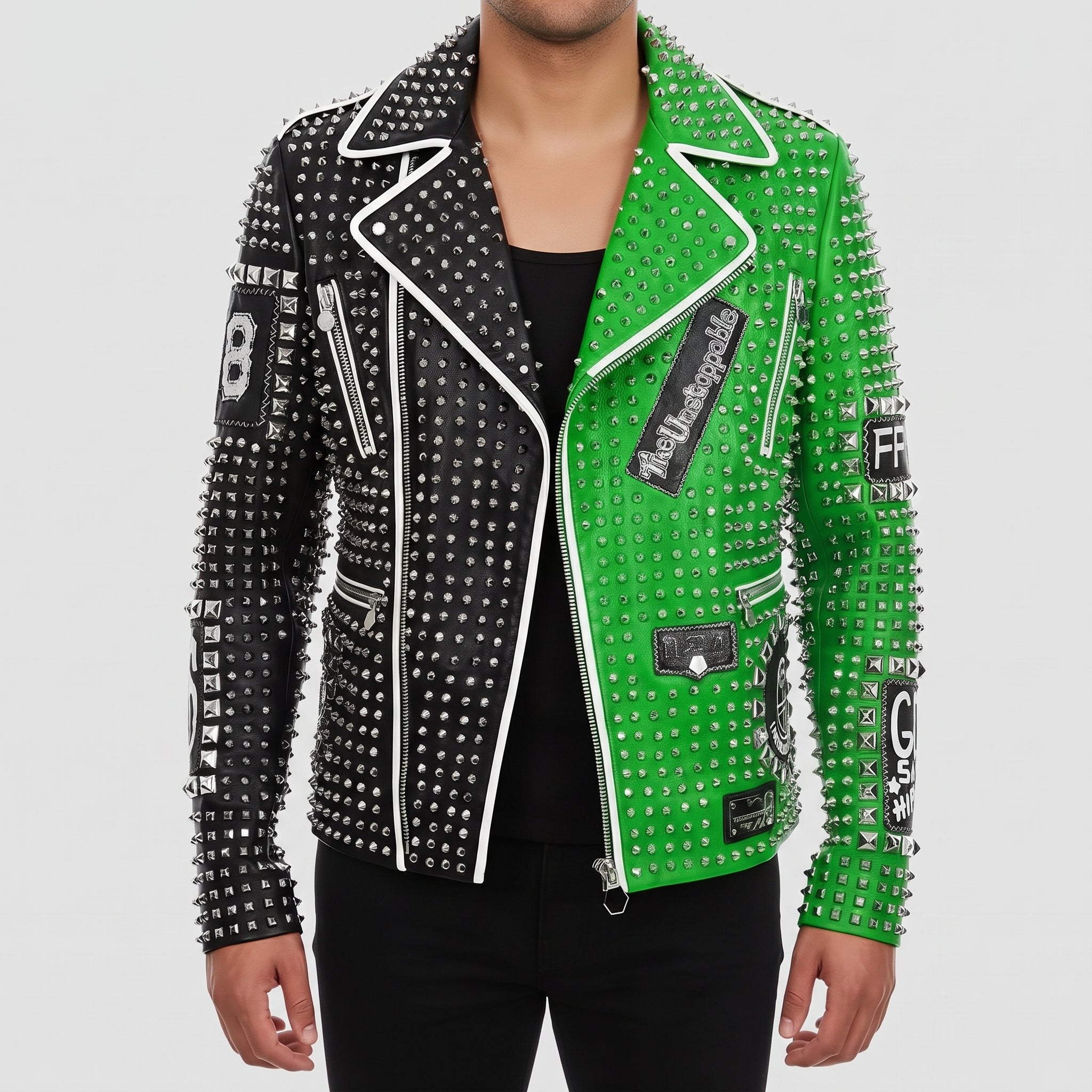 Men's Black and Green Studded Leather Perfecto Biker Jacket — Somerton