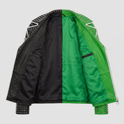 Men's Black and Green Studded Leather Perfecto Biker Jacket — Somerton