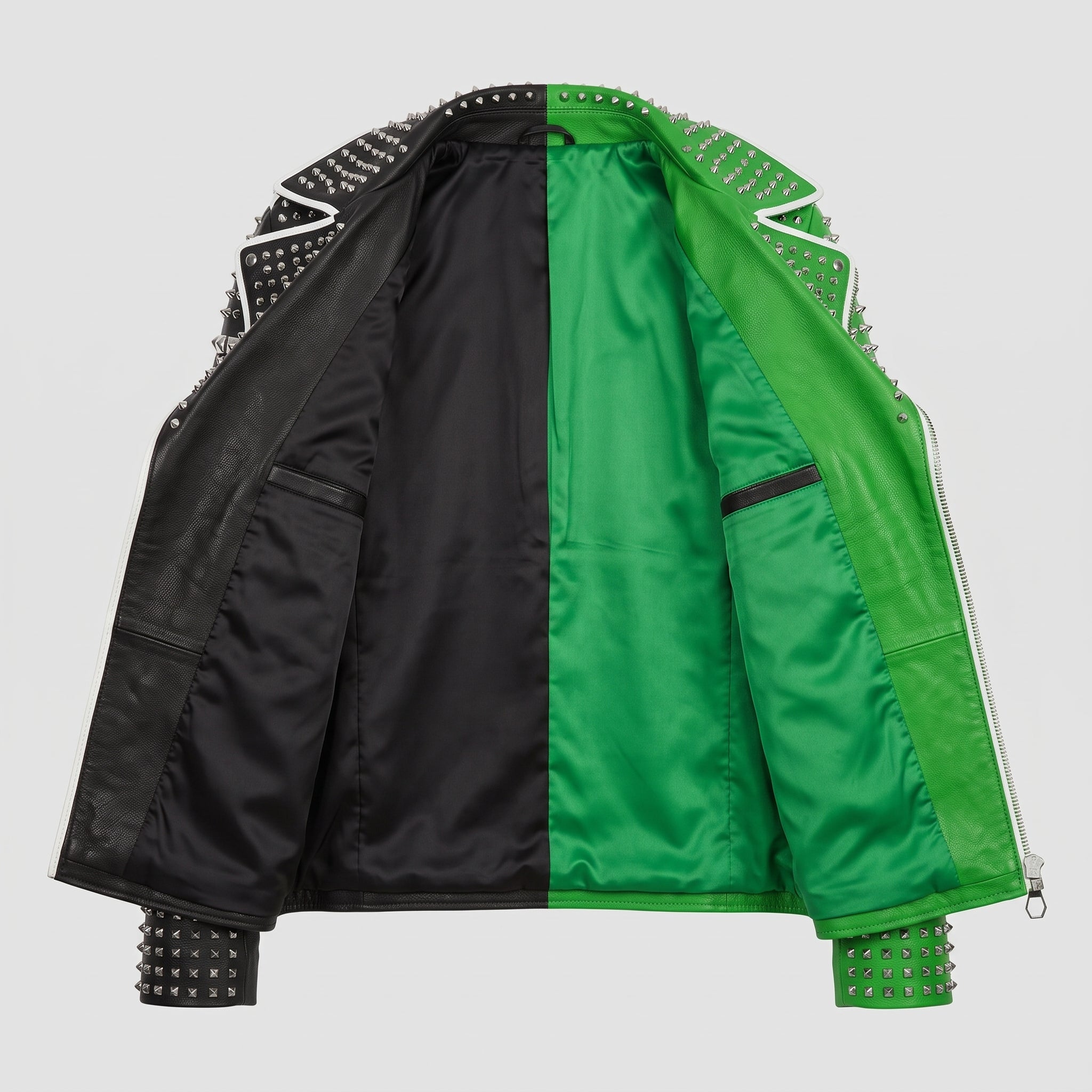 Men's Black and Green Studded Leather Perfecto Biker Jacket — Somerton