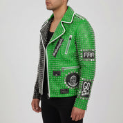 Men's Black and Green Studded Leather Perfecto Biker Jacket — Somerton