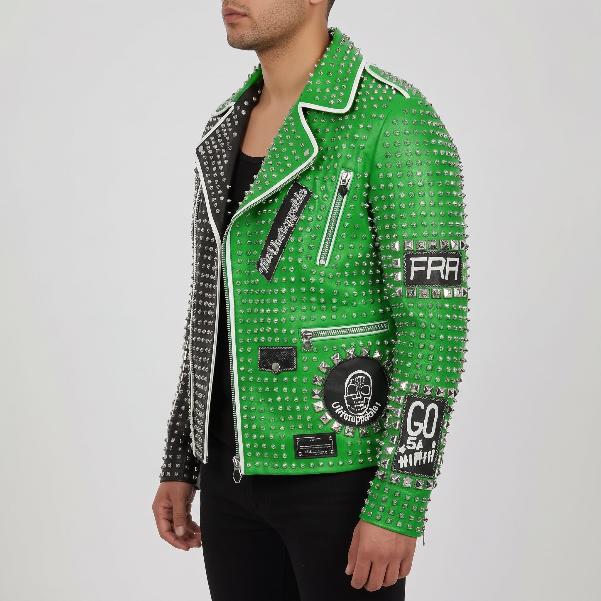 Men's Black and Green Studded Leather Perfecto Biker Jacket — Somerton