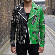 Men's Black and Green Studded Leather Perfecto Biker Jacket — Somerton