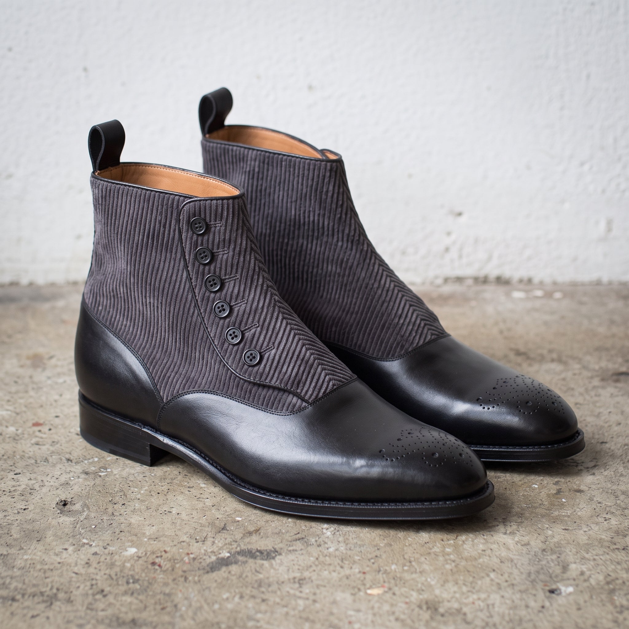 Men's Black and Grey Cap-Toe Leather Button Boots — Frowden